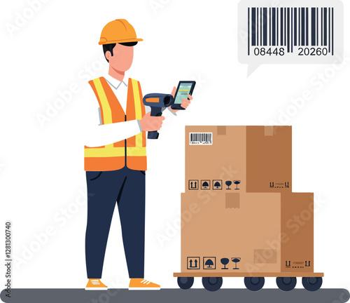 Warehouse worker in safety gear scanning barcodes on stacked boxes with a handheld device in flat vector art