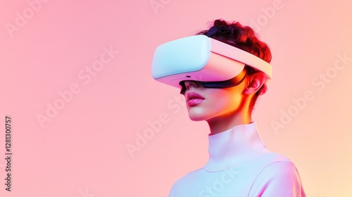 person wearing sleek virtual reality headset immersed in vivid digital world with copy space photo