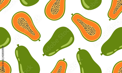 Papaya seamless pattern. Tropical fruits background design. Collection of organic vitamins and healthy nutrition. Flat Vector illustration