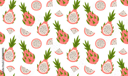 Pink dragon fruits, exotic pitahaya seamless pattern. Tropical fruits background design. Collection of organic vitamins and healthy nutrition. Flat Vector illustration