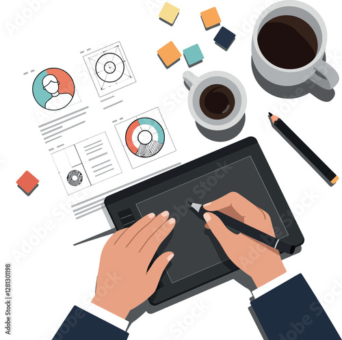 Hands holding a stylus on a digital tablet surrounded by coffee, documents, and colorful blocks in a flat vector illustration