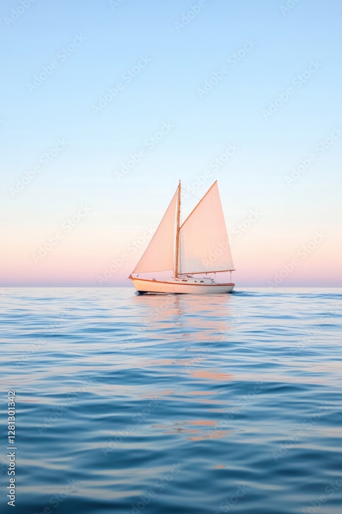 Fototapeta premium serene sailboat gliding smoothly over calm ocean waves under cloudless sky dominates image