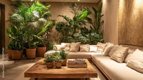 Cozy Living Room With Modern Decor Featuring a Large Sectional Sofa, Natural Plants, and a Wooden Coffee Table in an Inviting Atmosphere
