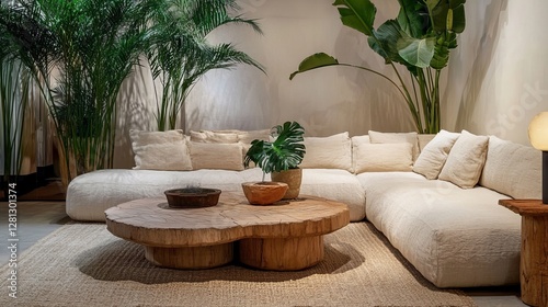 Cozy Living Room With Modern Decor Featuring a Large Sectional Sofa, Natural Plants, and a Wooden Coffee Table in an Inviting Atmosphere