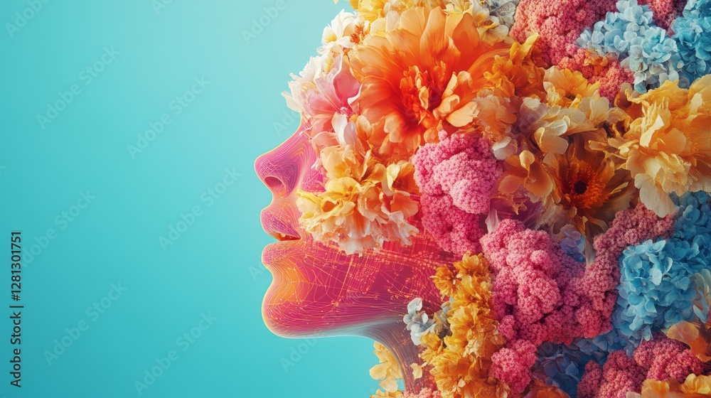 Obraz premium Digital rendering of a woman covered in vibrant blooms