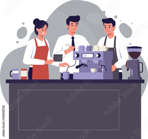 Three baristas skillfully preparing coffee drinks at a modern café in flat vector art style