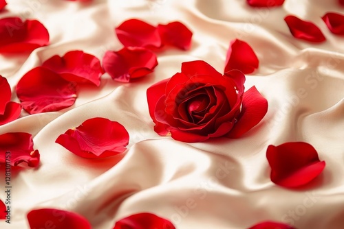 Red rose petals scattered on silky fabric, blank area.