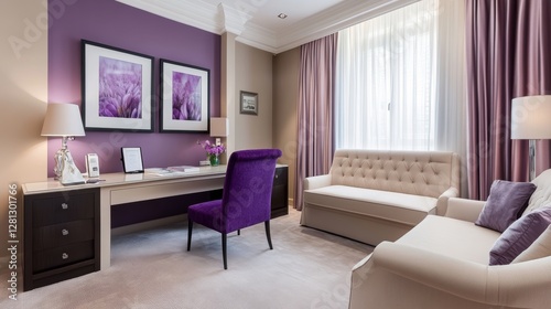 Stylish Modern Room With Purple Accents Featuring a Desk, Comfortable Sofa, and Decorative Wall Art in a Well-Lit Setting