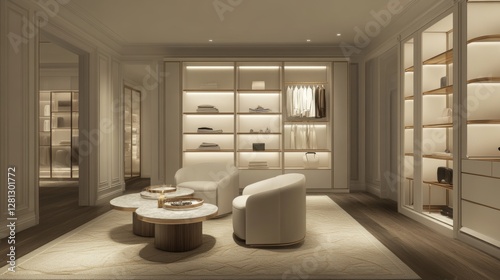 Luxurious Boutique Interior Showcasing Elegant Clothing Displays and Stylish Seating in a Warm, Neutral Color Palette