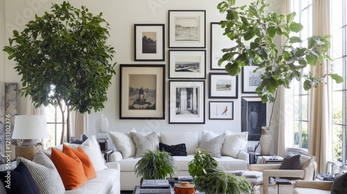 Modern Living Room Featuring White Sofas, Artwork, and Greenery in a Stylish and Inviting Design Setting