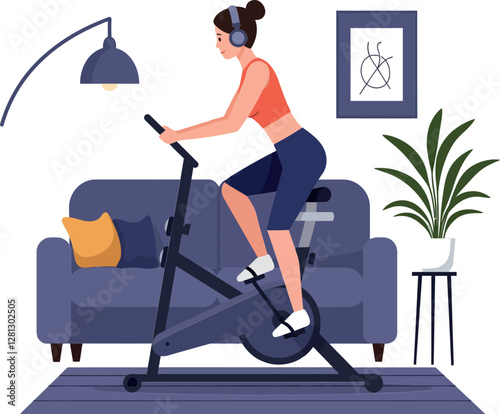 Woman exercising on a stationary bike in a cozy living room with modern decor, flat vector illustration