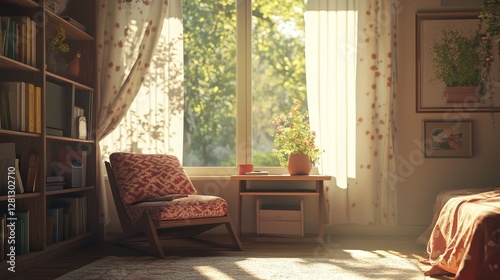 Natural Light Fills a Cozy Workspace With a Wooden Desk, Flowers, and Shelves, Creating a Warm Atmosphere for Creativity and Productivity