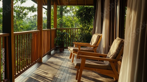 Cozy Wooden Balcony Overlooking Lush Greenery in a Serene Environment Perfect for Relaxation and Enjoying Nature's Beauty