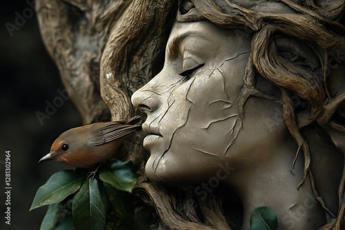 Stone sculpture of beautiful forest woman's face with long hair, green leaves and bird sitting in the tree next to it. Hyperrealistic statue concept.