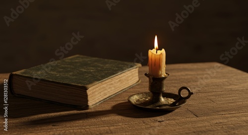 Illuminating literary journey old candle flickering flame book stillness photo