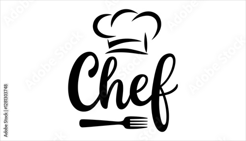 Chef Hat and Fork Icon with Chef Text on White Background photo