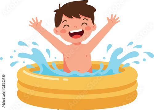 Happy child splashing water in a bright yellow inflatable pool, enjoying summer fun in a cheerful flat vector illustration