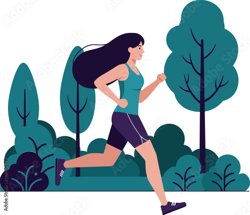 A woman jogging energetically through a lush green park with stylized trees in flat vector illustration