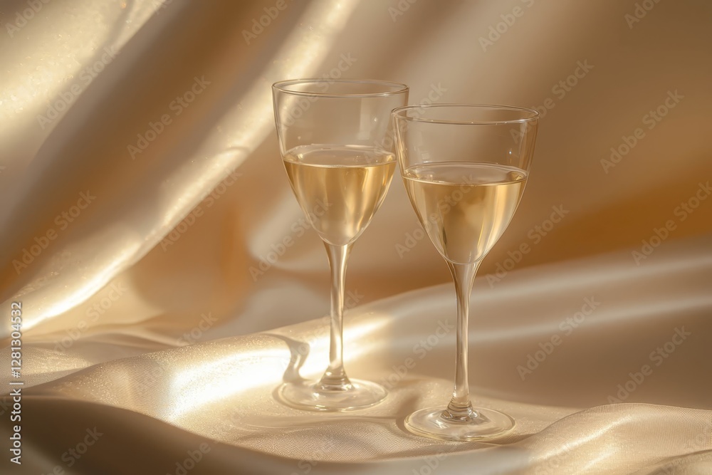 Two champagne glasses clinking, golden bokeh background.