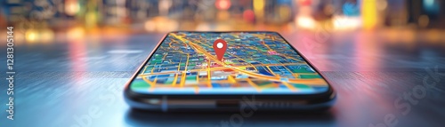 A smartphone screen displaying Google Maps with realtime navigation, clear street view, dynamic route updates, vibrant cityscape background, ultradetailed, 8K resolution