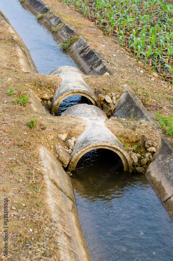 Drainage pipes in agricultural field with water flow. Drainage pipes in agricultural field with water flow.