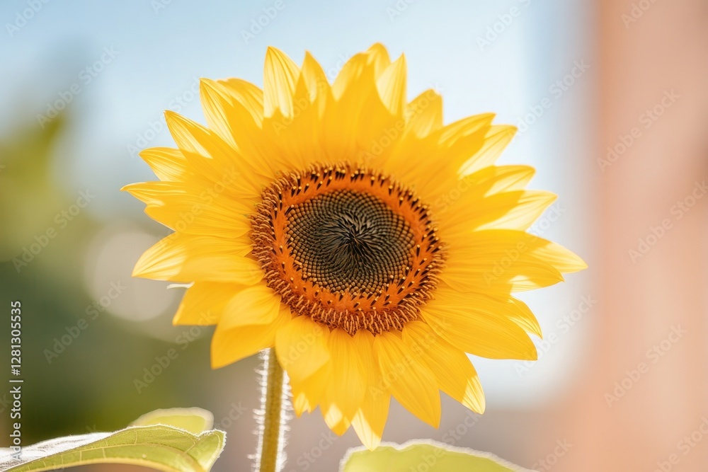 single sunflower in full bloom its petals glowing in golden sunlight against blurred background single sunflower in full bloom its petals glowing in golden sunlight against blurred background