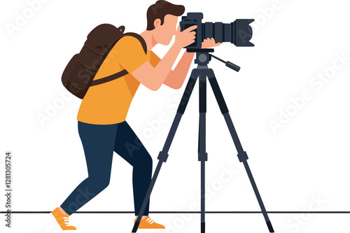 A photographer capturing stunning landscapes with a modern camera on a tripod in flat vector art style