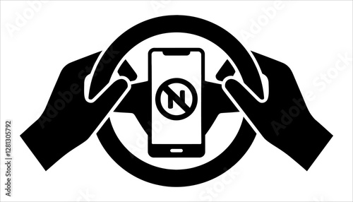 No Phone While Driving Icon with Steering Wheel on White Background