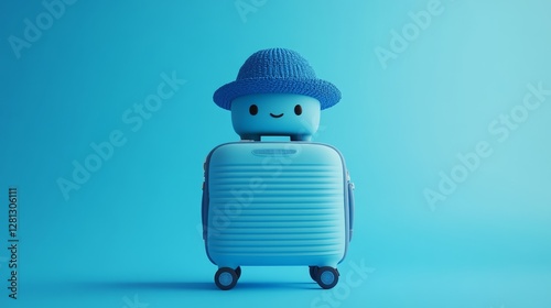 Charming Blue Suitcase Character With Hat and Smiling Face Stands Against a Vibrant Turquoise Wall in a Playful Urban Environment