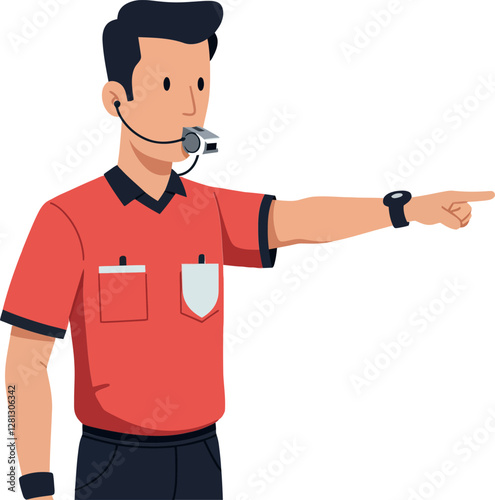 A confident referee in a red uniform signaling a call during a sports match, depicted in a minimal flat design vector illustration