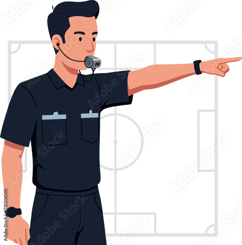 Referee in black uniform signaling a foul on a soccer field in minimal flat vector illustration style