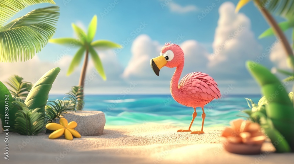 Obraz premium Adorable Pink Flamingo on a Tropical Beach Paradise