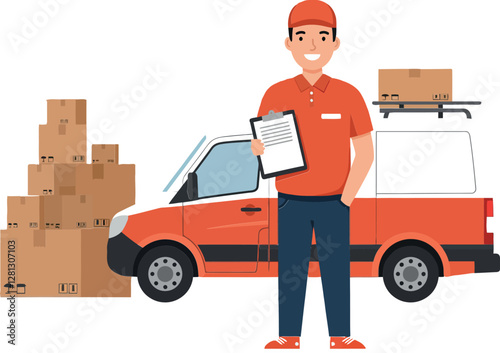 Delivery driver standing beside red van filled with packages in flat vector illustration showcasing logistics and transport services