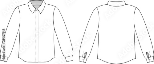 Editable technical fashion sketch for a basic shirt with a hidden button placket, collar, and long sleeves with cuffs for apparel design, tech packs, and fashion production. Front and back view.