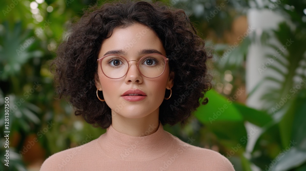Closeup portrait of a female with curly brown hair wearing pink framed spectacles and a light pink sweater. She has a thoughtful expression, looking Closeup portrait of a female with curly brown hair wearing pink framed spectacles and a light pink sweater. She has a thoughtful expression, looking