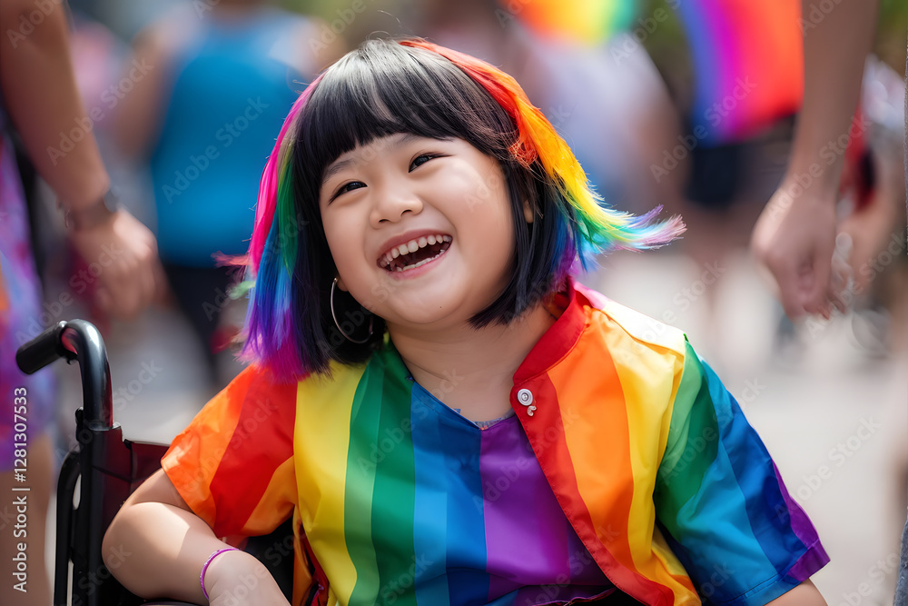 A young girl in a wheelchair is wearing a rainbow shirt and smiling A young girl in a wheelchair is wearing a rainbow shirt and smiling