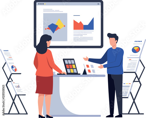 Two professionals engaged in a collaborative meeting with digital presentations in a flat design vector illustration