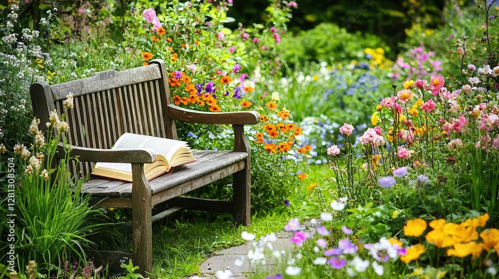 Fototapeta premium Tranquil Garden Scene Open Book on Wooden Bench Amidst Blooming Flowers