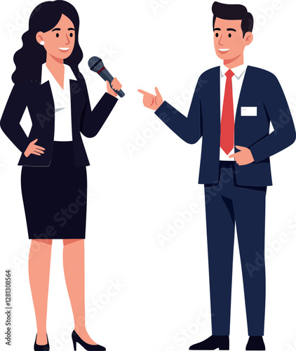 Professional woman interviewing a man in formal attire in a flat vector illustration style, conveying a dynamic and engaging atmosphere in the scene of communication vector art