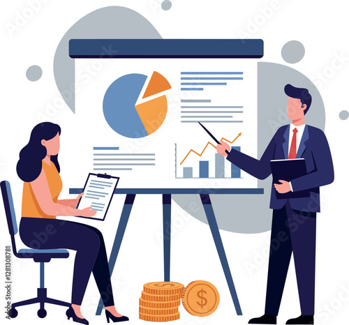 Business meeting scene with a man presenting data on a board while a woman takes notes in a flat vector illustration