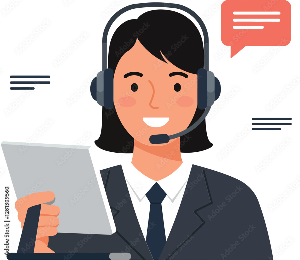 Friendly customer service representative in a headset holding a tablet with speech bubbles, minimal vector illustration Friendly customer service representative in a headset holding a tablet with speech bubbles, minimal vector illustration