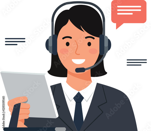 Friendly customer service representative in a headset holding a tablet with speech bubbles, minimal vector illustration