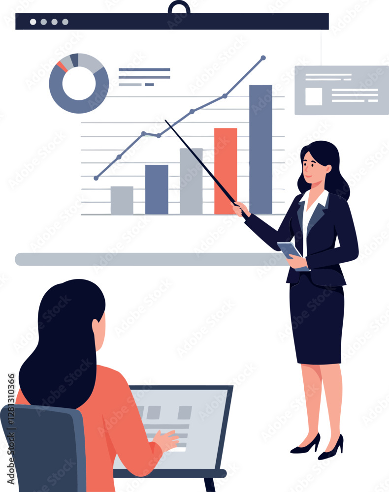 Fototapeta premium Businesswoman presenting data analysis in a modern office setting with flat design elements in vibrant colors vector illustration