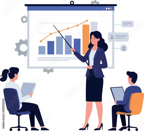 Business presentation scene with a professional woman pointing at a growth chart in a flat vector illustration style featuring two attentive colleagues