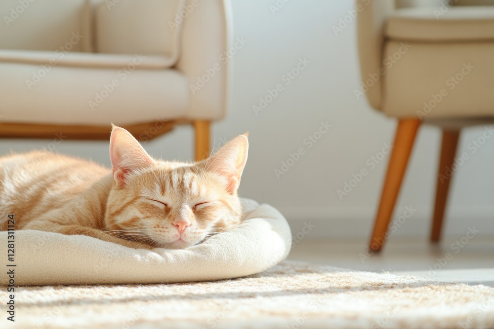 close-up of serene corner in sunlit living room featuring cozy pet bed with napping cat close-up of serene corner in sunlit living room featuring cozy pet bed with napping cat