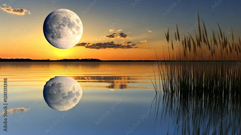 Moonrise over calm lake with beautiful reflections and wispy clouds at twilight