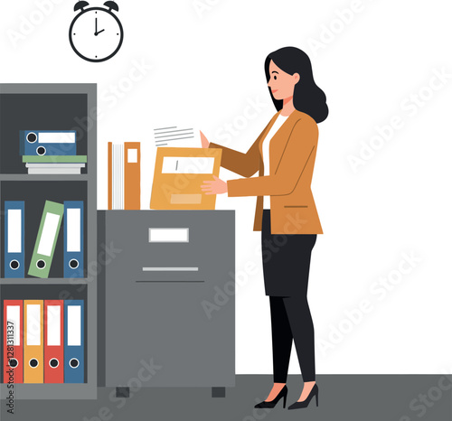 A professional woman organizing files in a modern office setting with minimal design elements in vibrant colors, vector illustration