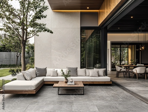 Comfortable modern outdoor seating arrangement in a courtyard space