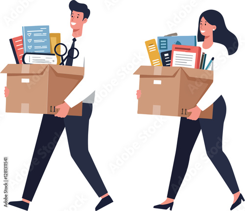 Two office workers carrying cardboard boxes filled with documents and supplies in a minimal flat vector illustration