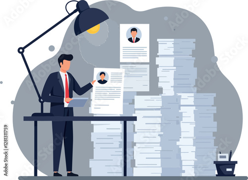 Businessman reviewing job applications at a cluttered desk under a lamp in minimal vector art